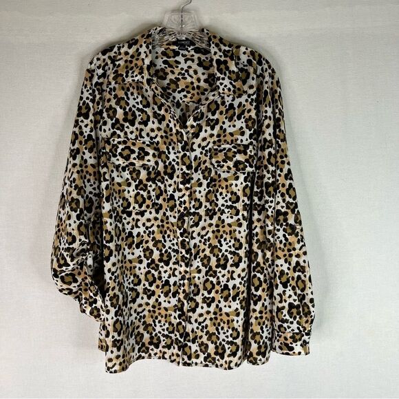 Elementz Button Down Shirt Women’s Brown Black Animal Cheetah Roll Tab Sleeve 2X - Picture 2 of 12